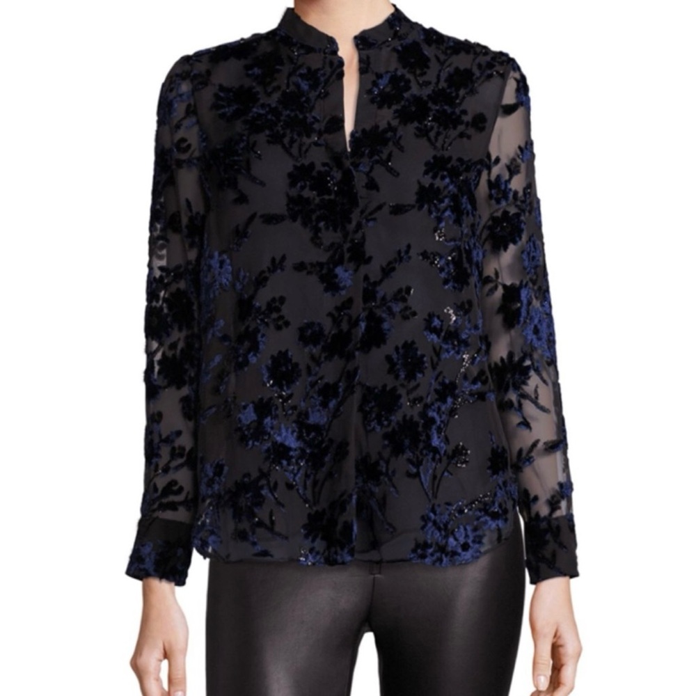 ALICE+OLIVIA Belle Metallic Sheer Velvet Embroidered Chiffon Tops, Navy Black, S